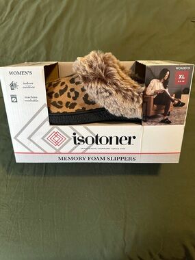 Isotoner Leopard Print Slip-On Slippers with Faux Fur Trim